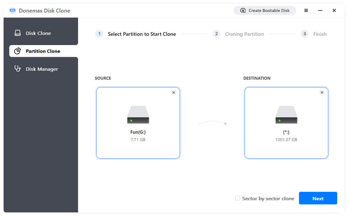 Sélectionnez la partition à cloner