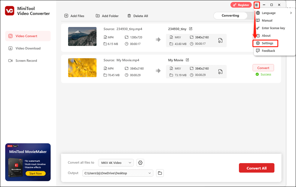 Accédez aux paramètres généraux de MiniTool Video Converter