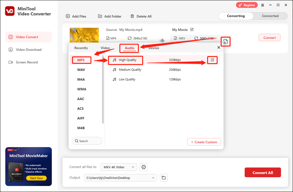 Convertir un fichier multimédia en MP3 dans MiniTool Video Converter