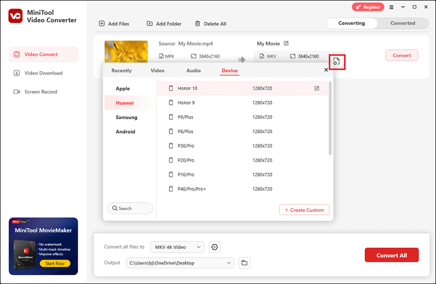 Convertir un fichier multimédia au format pris en charge par Huawei Honor 10 dans MiniTool Video Converter