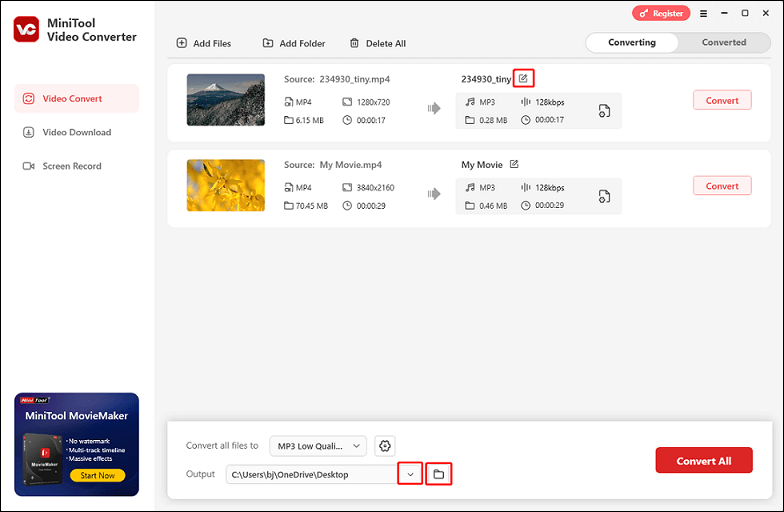 Modifier le nom du fichier de sortie et l'emplacement d'enregistrement dans MiniTool Video Converter