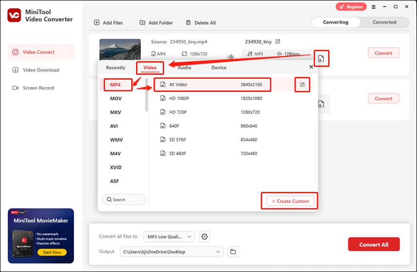 Spécifiez le format vidéo de sortie en MP4 dans MiniTool Video Converter