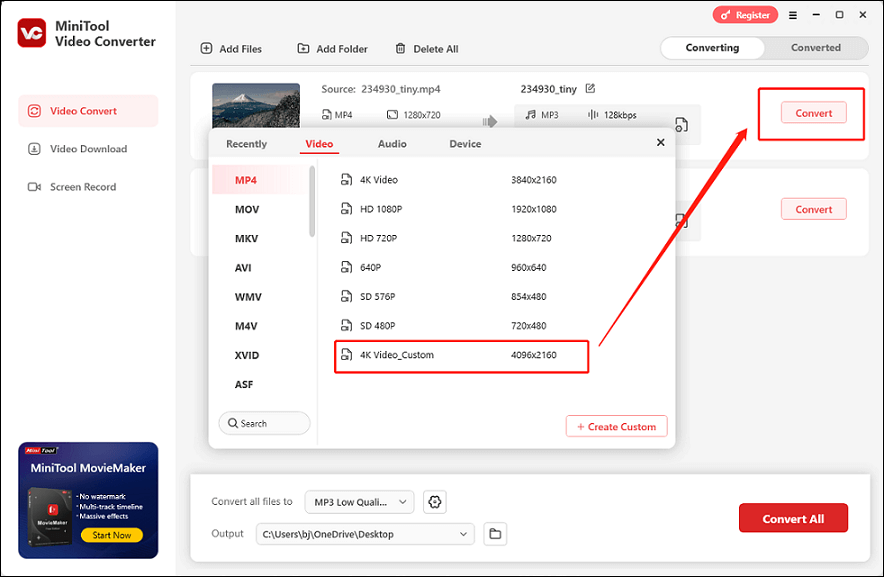 Sélectionnez le format de sortie MP4 personnalisé à convertir dans MiniTool Video Converter