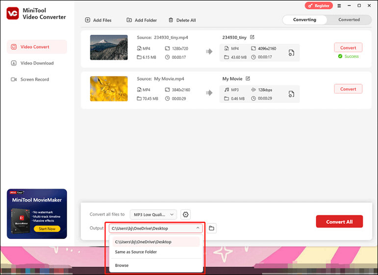 Configurer un emplacement de sortie unique dans MiniTool Video Converter